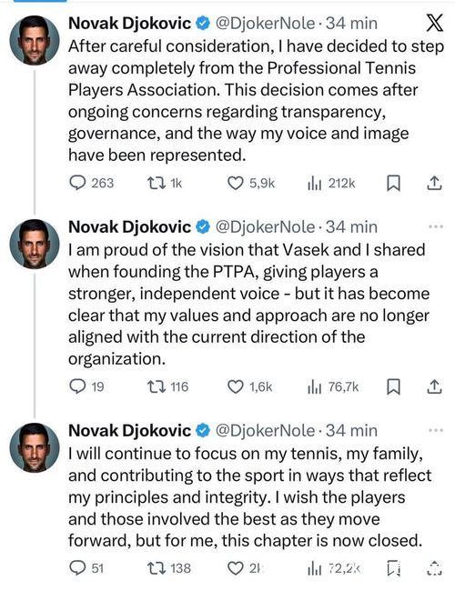 德约科维奇宣布退出职业网球运动员协会